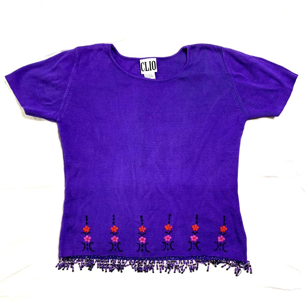 90s Purple Beaded Silk Blend Preppy Structured Elevated Soft Girl Blouse
